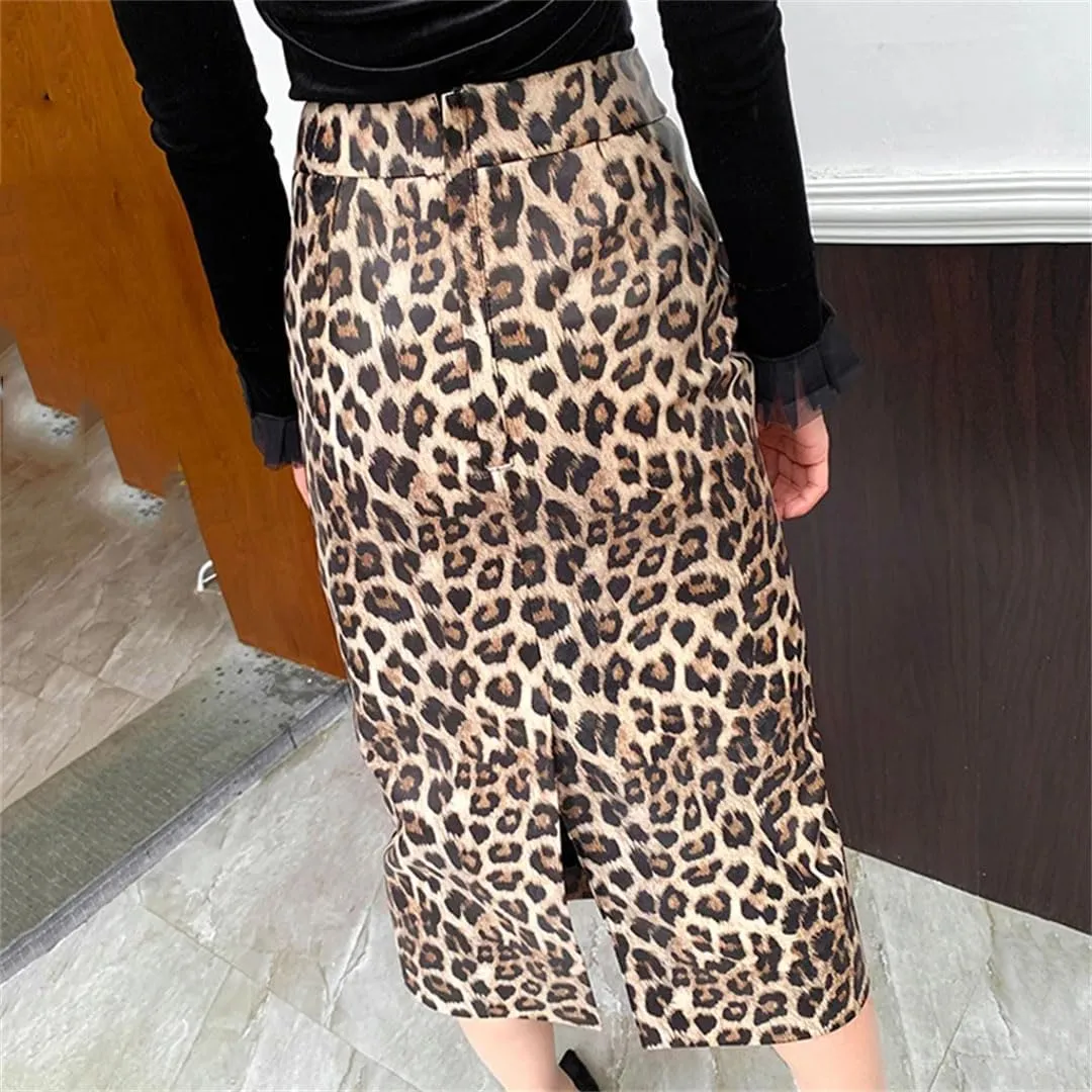 Women Leopard Print Leather Long Skirt Knee Wrap Split Sexy Skirt Slim Street Midi Skirt