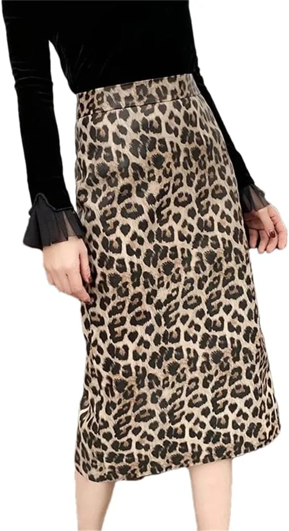 Women Leopard Print Leather Long Skirt Knee Wrap Split Sexy Skirt Slim Street Midi Skirt