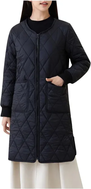 Women Long Quilted Puffer Coats for Winter Cotton-Padded Jacket Button Long Sleeve Pockets Warm Winter Outerwear