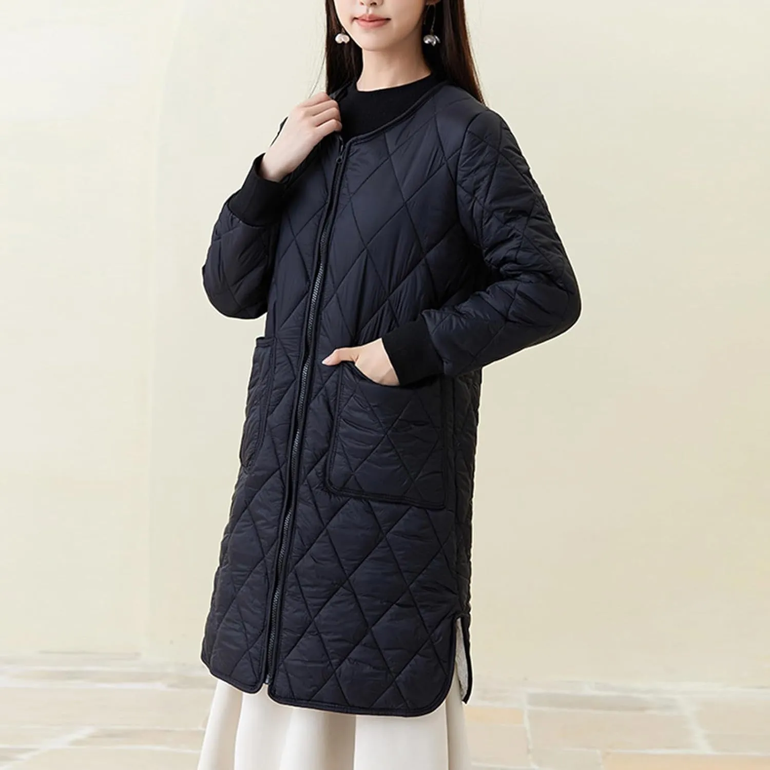Women Long Quilted Puffer Coats for Winter Cotton-Padded Jacket Button Long Sleeve Pockets Warm Winter Outerwear