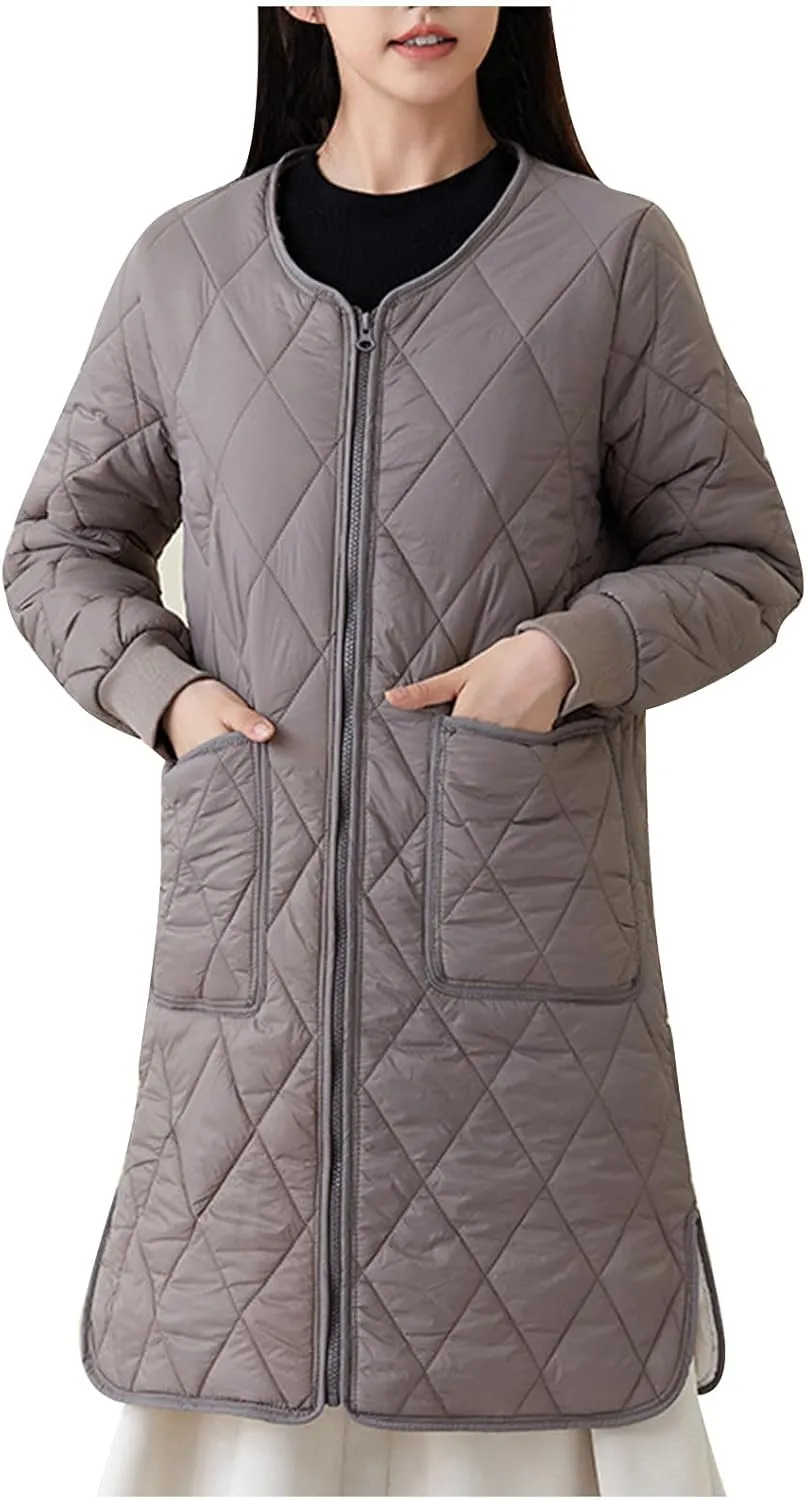 Women Long Quilted Puffer Coats for Winter Cotton-Padded Jacket Button Long Sleeve Pockets Warm Winter Outerwear