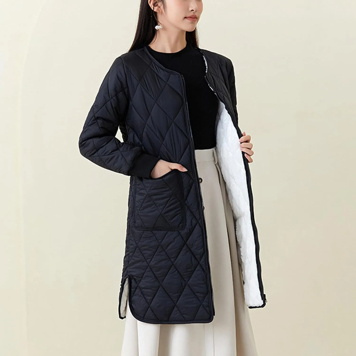 Women Long Quilted Puffer Coats for Winter Cotton-Padded Jacket Button Long Sleeve Pockets Warm Winter Outerwear