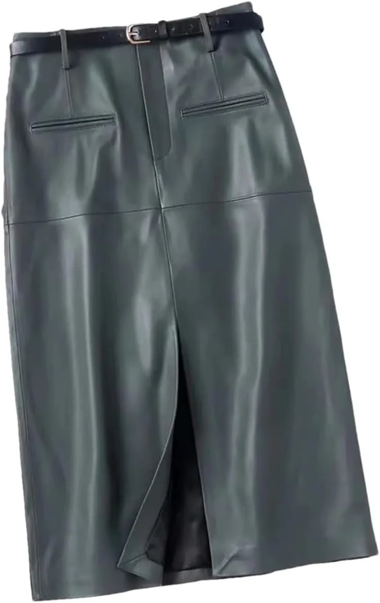 Women Long Slim Leather Pencil Skirt Length Bodycon Wrap Skirt with Belt Front Split Midi Skirt