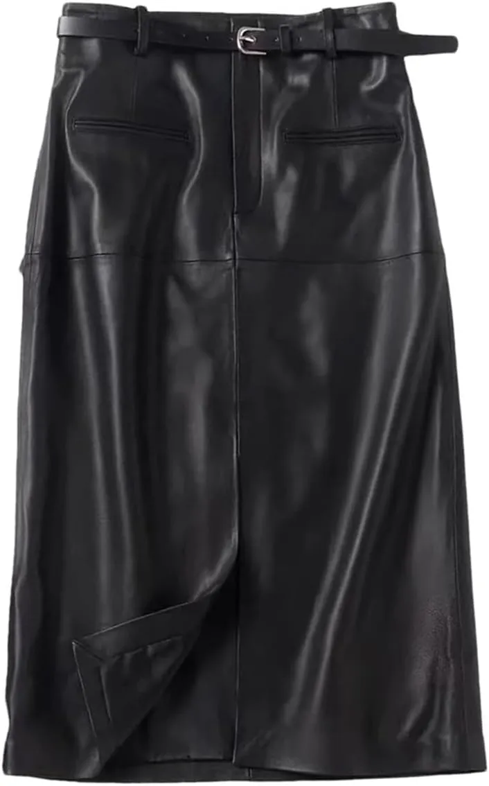 Women Long Slim Leather Pencil Skirt Length Bodycon Wrap Skirt with Belt Front Split Midi Skirt