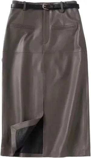 Women Long Slim Leather Pencil Skirt Length Bodycon Wrap Skirt with Belt Front Split Midi Skirt