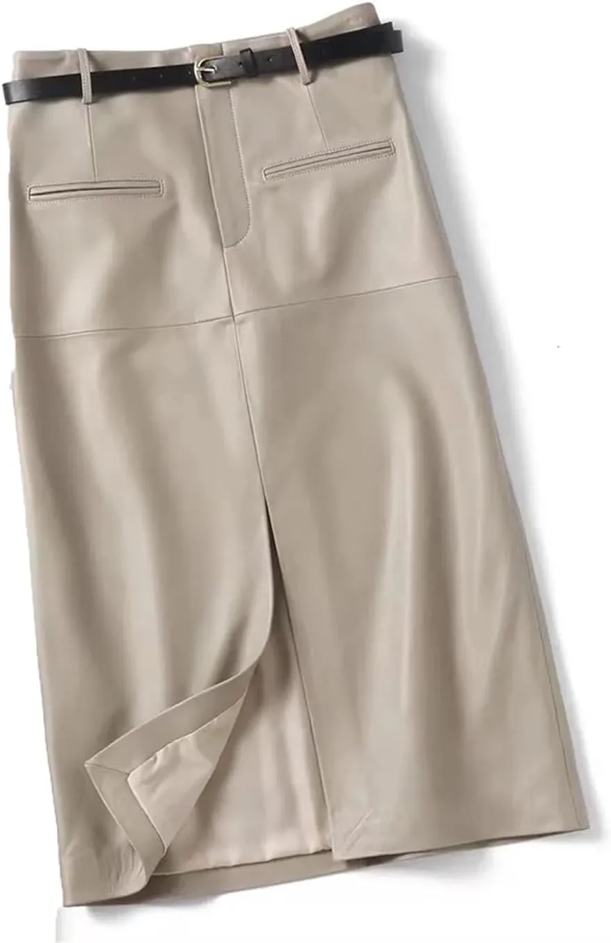 Women Long Slim Leather Pencil Skirt Length Bodycon Wrap Skirt with Belt Front Split Midi Skirt