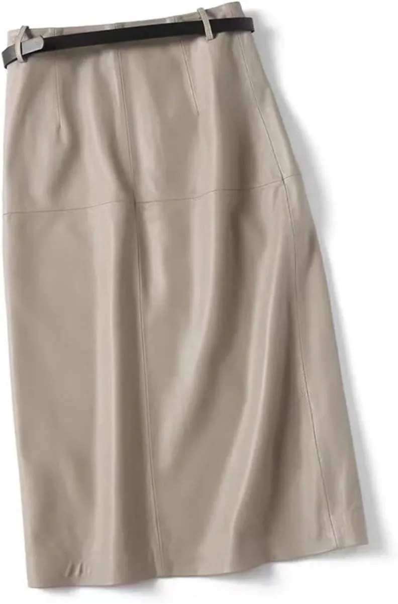 Women Long Slim Leather Pencil Skirt Length Bodycon Wrap Skirt with Belt Front Split Midi Skirt