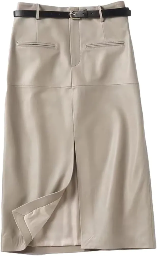 Women Long Slim Leather Pencil Skirt Length Bodycon Wrap Skirt with Belt Front Split Midi Skirt