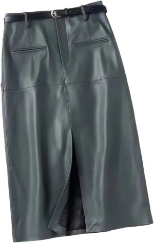 Women Long Slim Leather Pencil Skirt Length Bodycon Wrap Skirt with Belt Front Split Midi Skirt
