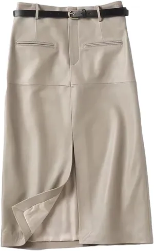 Women Long Slim Leather Pencil Skirt Length Bodycon Wrap Skirt with Belt Front Split Midi Skirt