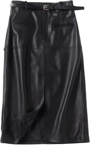 Women Long Slim Leather Pencil Skirt Length Bodycon Wrap Skirt with Belt Front Split Midi Skirt