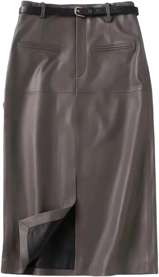 Women Long Slim Leather Pencil Skirt Length Bodycon Wrap Skirt with Belt Front Split Midi Skirt