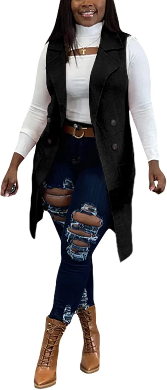 Women Long Sweater Vest Cardigans Sexy Sleeveless Ribbed Casual Jacket Coat Club