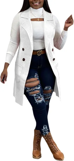 Women Long Sweater Vest Cardigans Sexy Sleeveless Ribbed Casual Jacket Coat Club