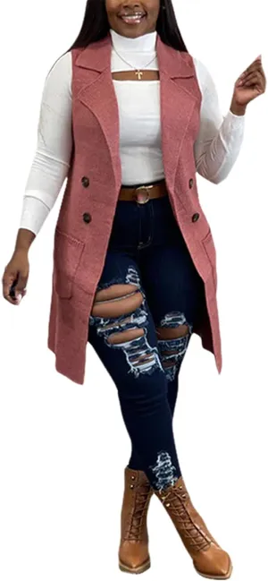 Women Long Sweater Vest Cardigans Sexy Sleeveless Ribbed Casual Jacket Coat Club