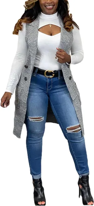 Women Long Sweater Vest Cardigans Sexy Sleeveless Ribbed Casual Jacket Coat Club