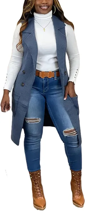 Women Long Sweater Vest Cardigans Sexy Sleeveless Ribbed Casual Jacket Coat Club