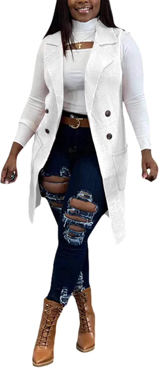Women Long Sweater Vest Cardigans Sexy Sleeveless Ribbed Casual Jacket Coat Club