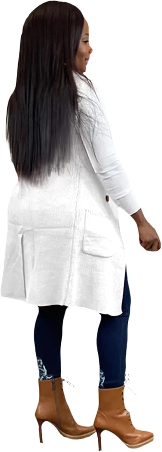 Women Long Sweater Vest Cardigans Sexy Sleeveless Ribbed Casual Jacket Coat Club