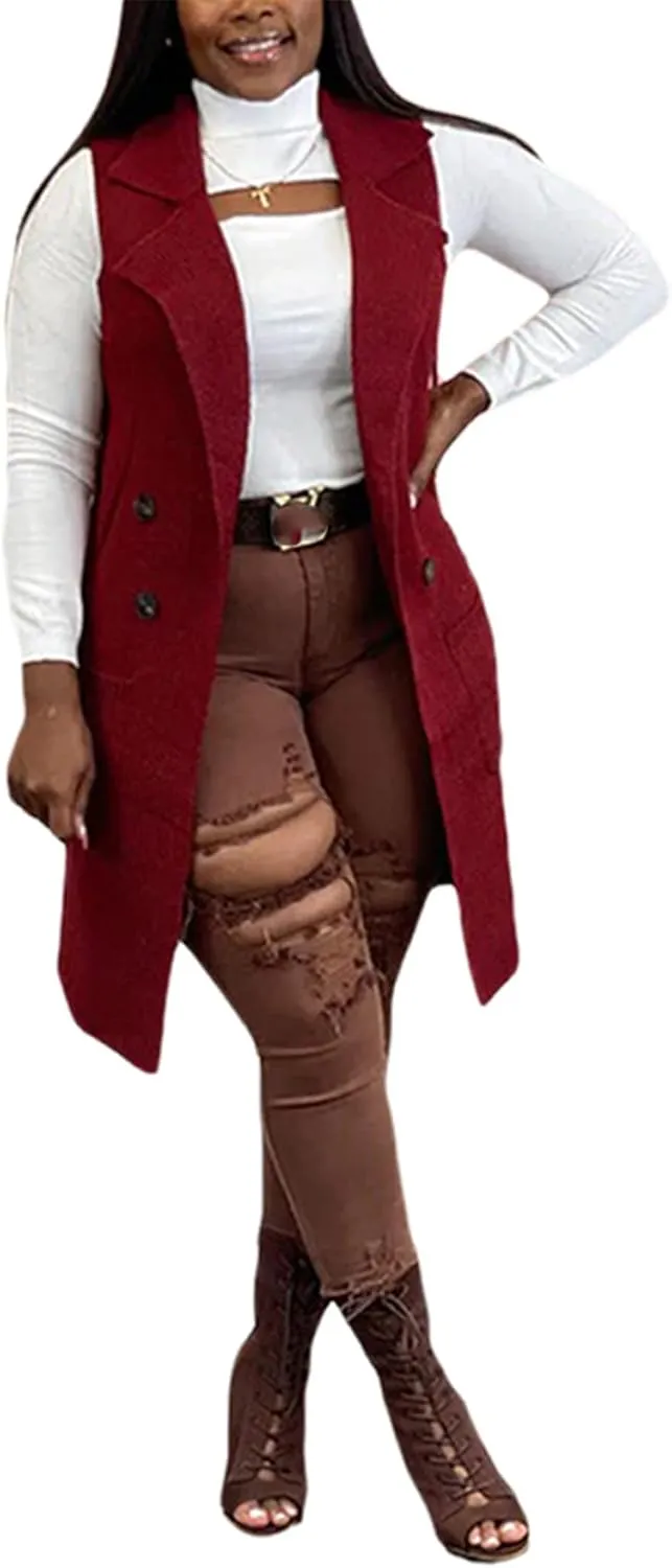 Women Long Sweater Vest Cardigans Sexy Sleeveless Ribbed Casual Jacket Coat Club