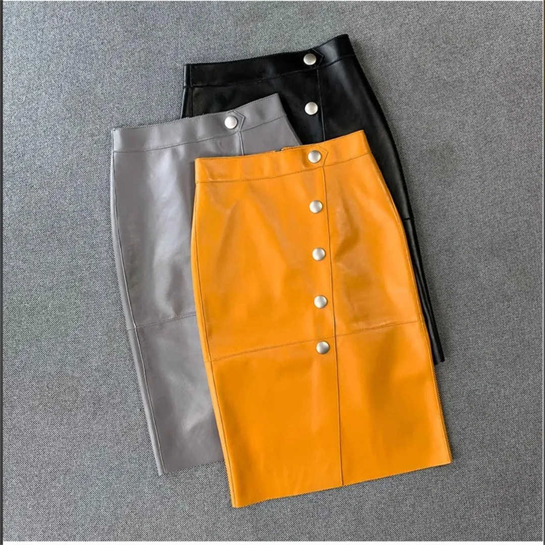 Women Retro Split Leather Skirt Solid Knee-Length Pencil Skirt Strecth Slim Midi Skirt