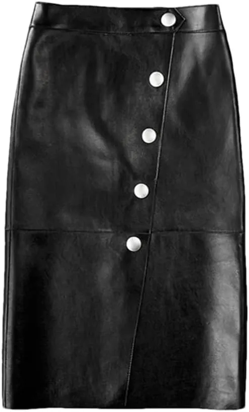 Women Retro Split Leather Skirt Solid Knee-Length Pencil Skirt Strecth Slim Midi Skirt