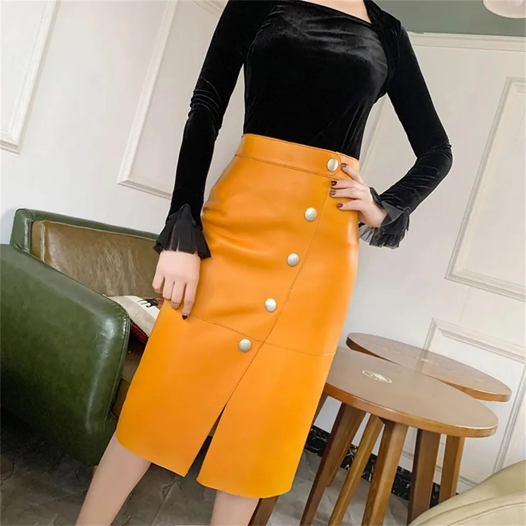 Women Retro Split Leather Skirt Solid Knee-Length Pencil Skirt Strecth Slim Midi Skirt