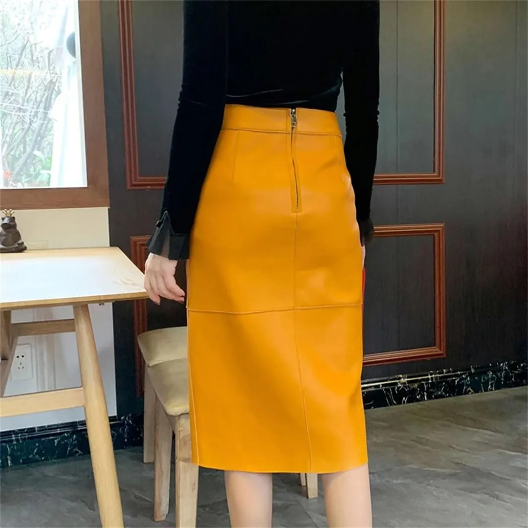 Women Retro Split Leather Skirt Solid Knee-Length Pencil Skirt Strecth Slim Midi Skirt