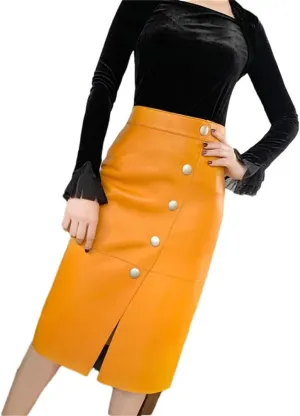 Women Retro Split Leather Skirt Solid Knee-Length Pencil Skirt Strecth Slim Midi Skirt