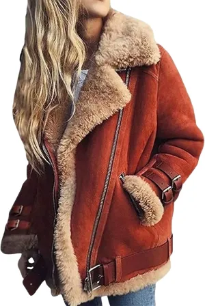Women Sherpa Lined Coat Lapel Zip Up Winter Thicked Outwear Faux Suede Leather Biker Motor Jacket Fuzzy Warm Jacket