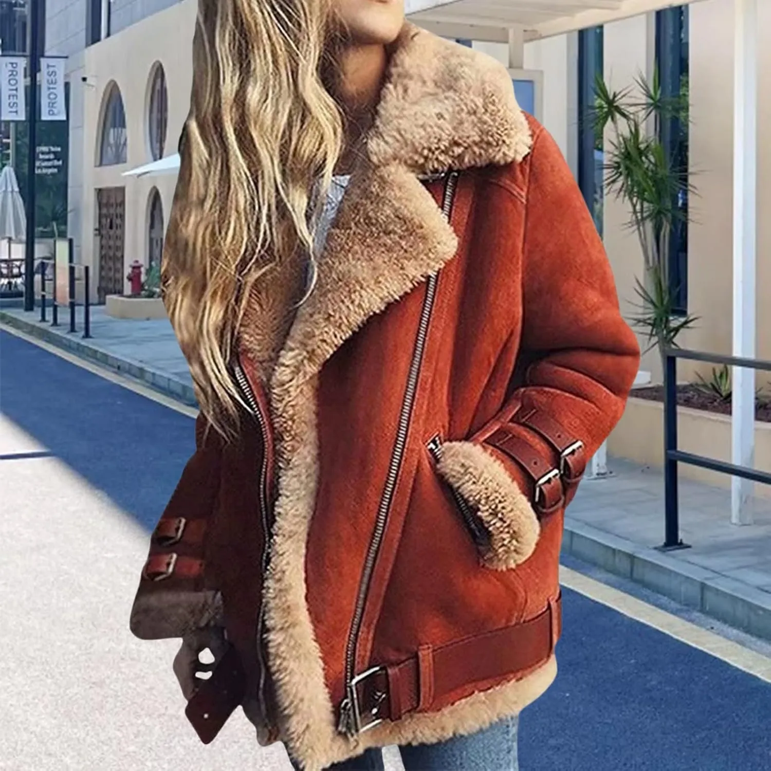 Women Sherpa Lined Coat Lapel Zip Up Winter Thicked Outwear Faux Suede Leather Biker Motor Jacket Fuzzy Warm Jacket