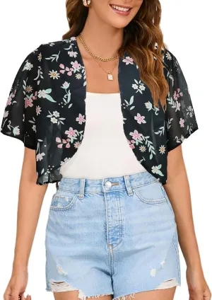 Women Shrug Chiffon Cropped Cardigans Short Sleeve Open Front Bolero for Evening Dresses
