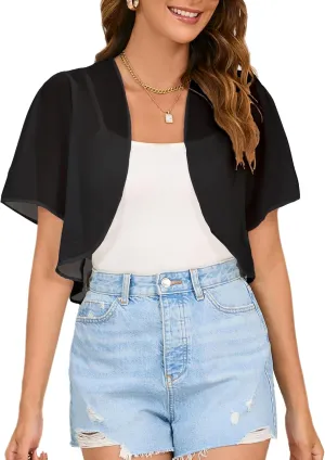Women Shrug Chiffon Cropped Cardigans Short Sleeve Open Front Bolero for Evening Dresses