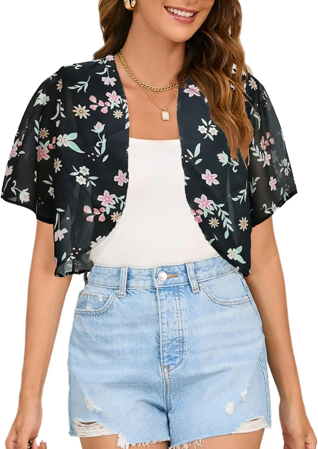 Women Shrug Chiffon Cropped Cardigans Short Sleeve Open Front Bolero for Evening Dresses