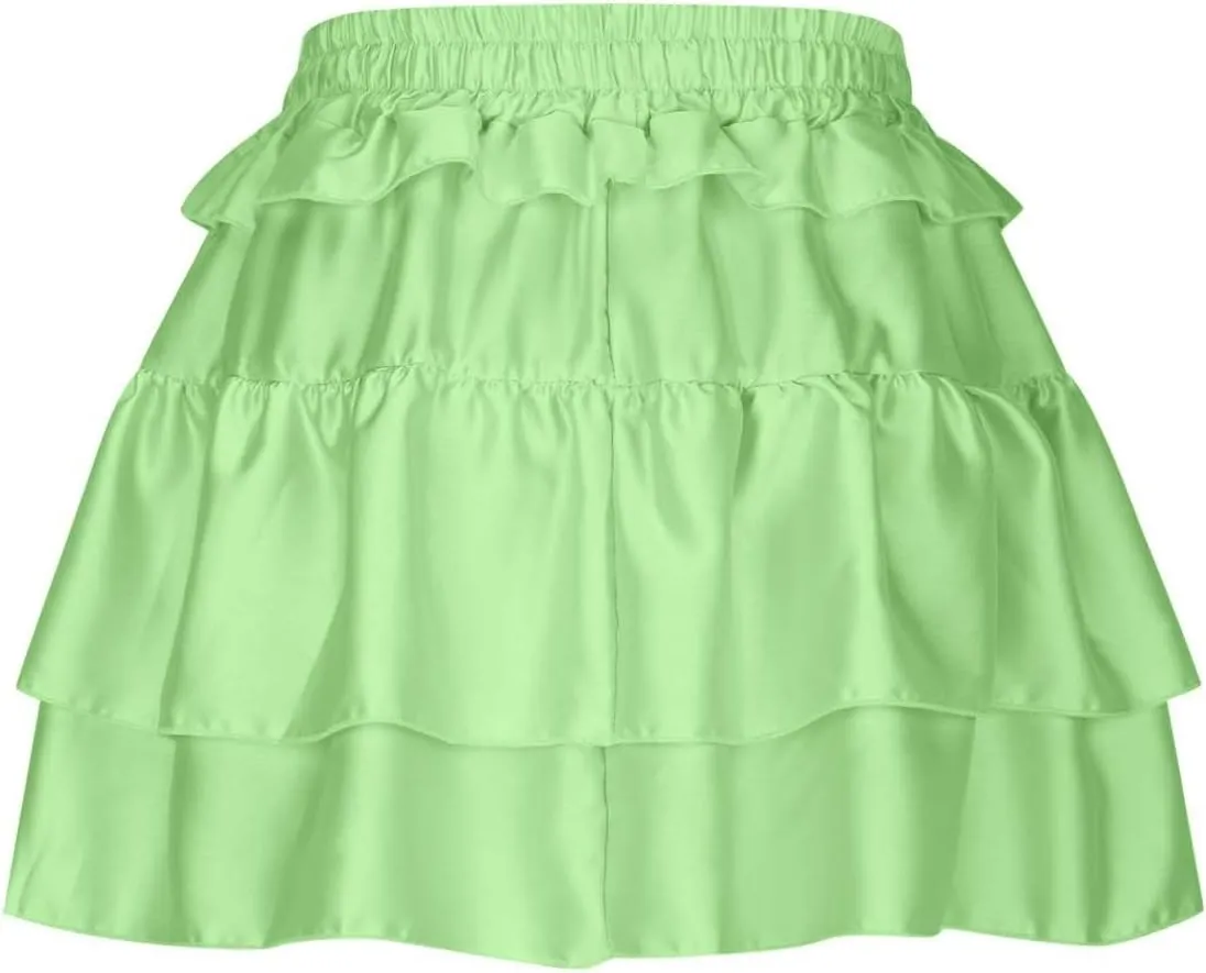 Women Tiered Layer Ruffle Hem Mini Skirt, High Waisted Elastic Drawstring Streetwear Trendy Clothes Club Party Skirts
