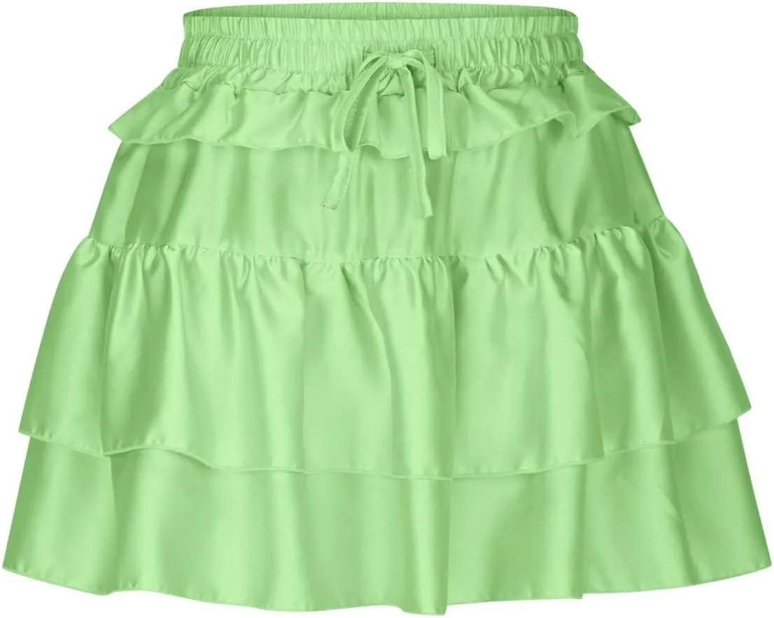 Women Tiered Layer Ruffle Hem Mini Skirt, High Waisted Elastic Drawstring Streetwear Trendy Clothes Club Party Skirts