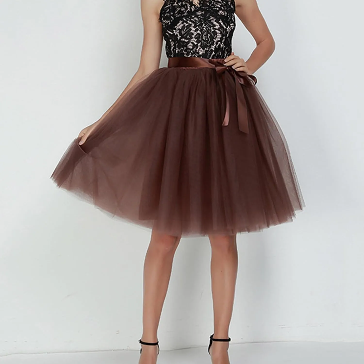 Women Tulle Skirt Adult 6 Layered Pleated Tutu Skirt A Line Knee Length Petticoat Swing Short Prom Party Skirt