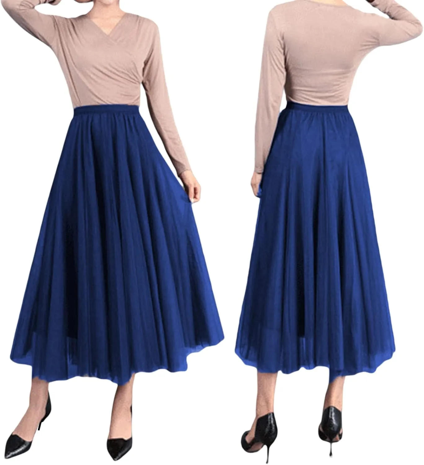 Women Tulle Tutu Midi Skirts Solid Color Layered Pleated A-Line Skirts Elastic Waist Mesh Long Skirts