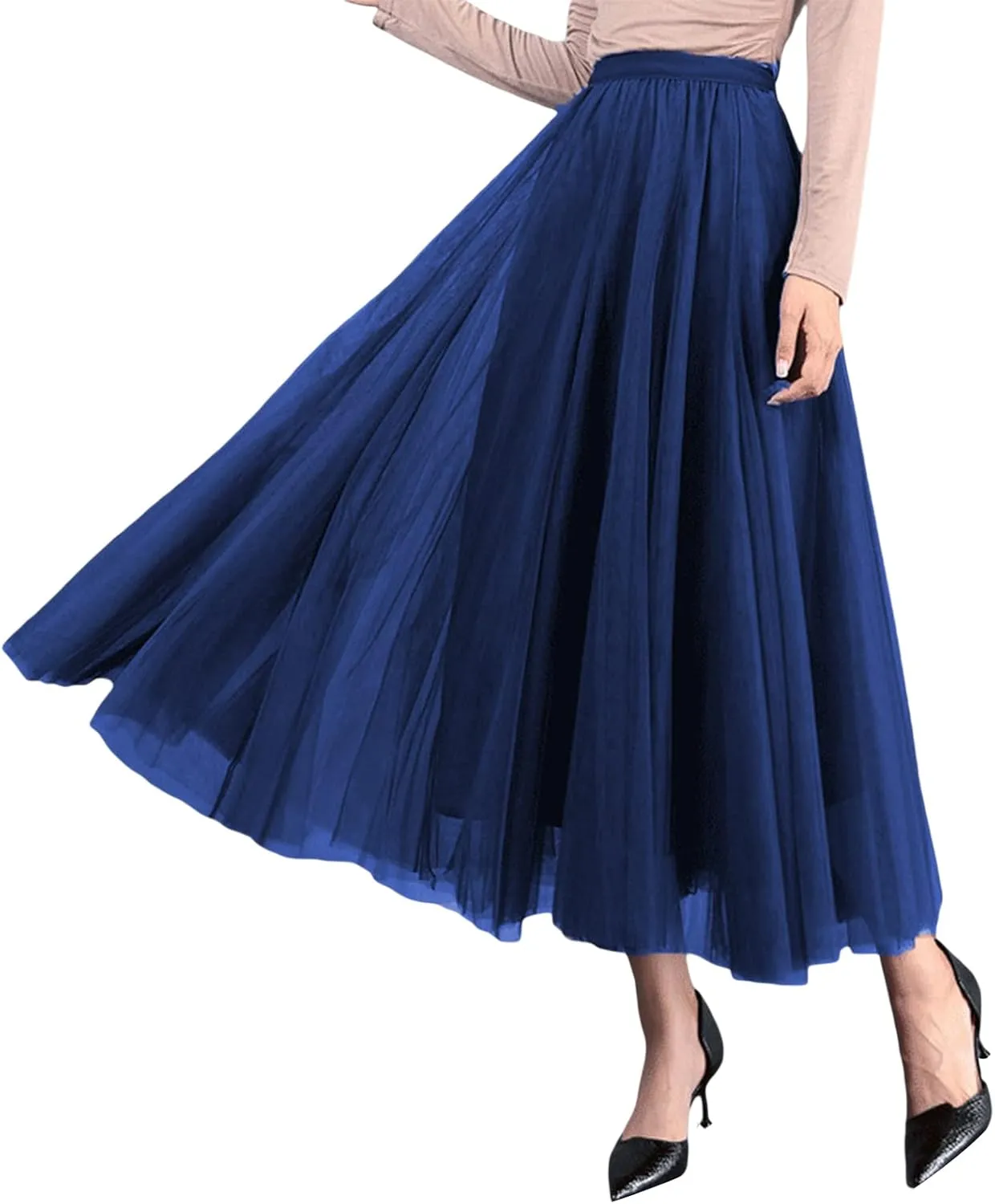 Women Tulle Tutu Midi Skirts Solid Color Layered Pleated A-Line Skirts Elastic Waist Mesh Long Skirts