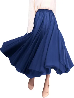 Women Tulle Tutu Midi Skirts Solid Color Layered Pleated A-Line Skirts Elastic Waist Mesh Long Skirts