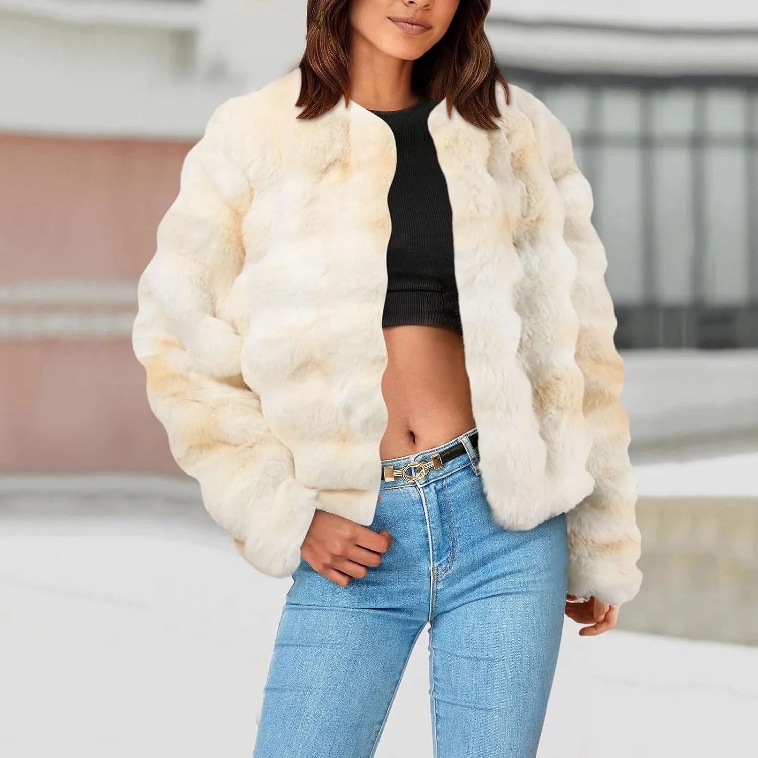 Women's 2024 Winter Coats Fleece Cropped Fuzzy Jacket Long Sleeve Pockets Shaggy Warm Outerwear Soft Clothes