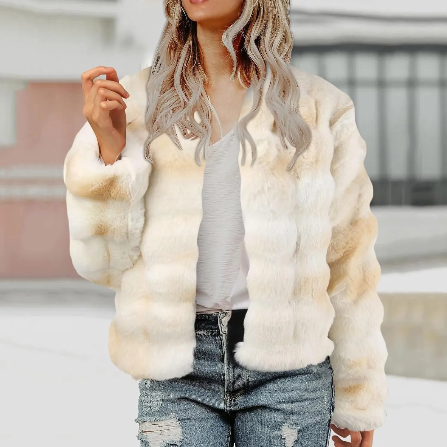 Women's 2024 Winter Coats Fleece Cropped Fuzzy Jacket Long Sleeve Pockets Shaggy Warm Outerwear Soft Clothes