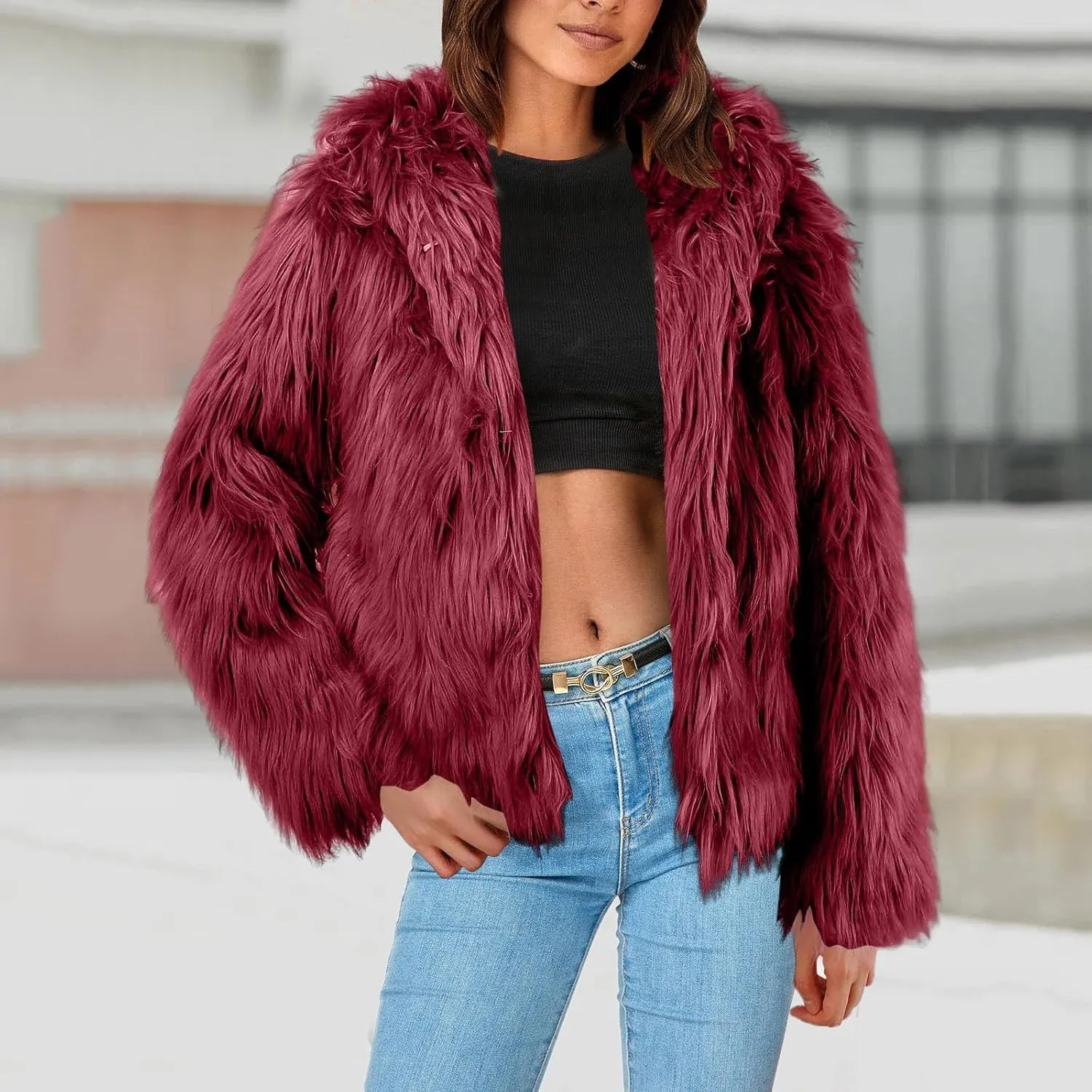 Women's 2024 Winter Coats Fleece Cropped Fuzzy Jacket Long Sleeve Pockets Shaggy Warm Outerwear Soft Clothes