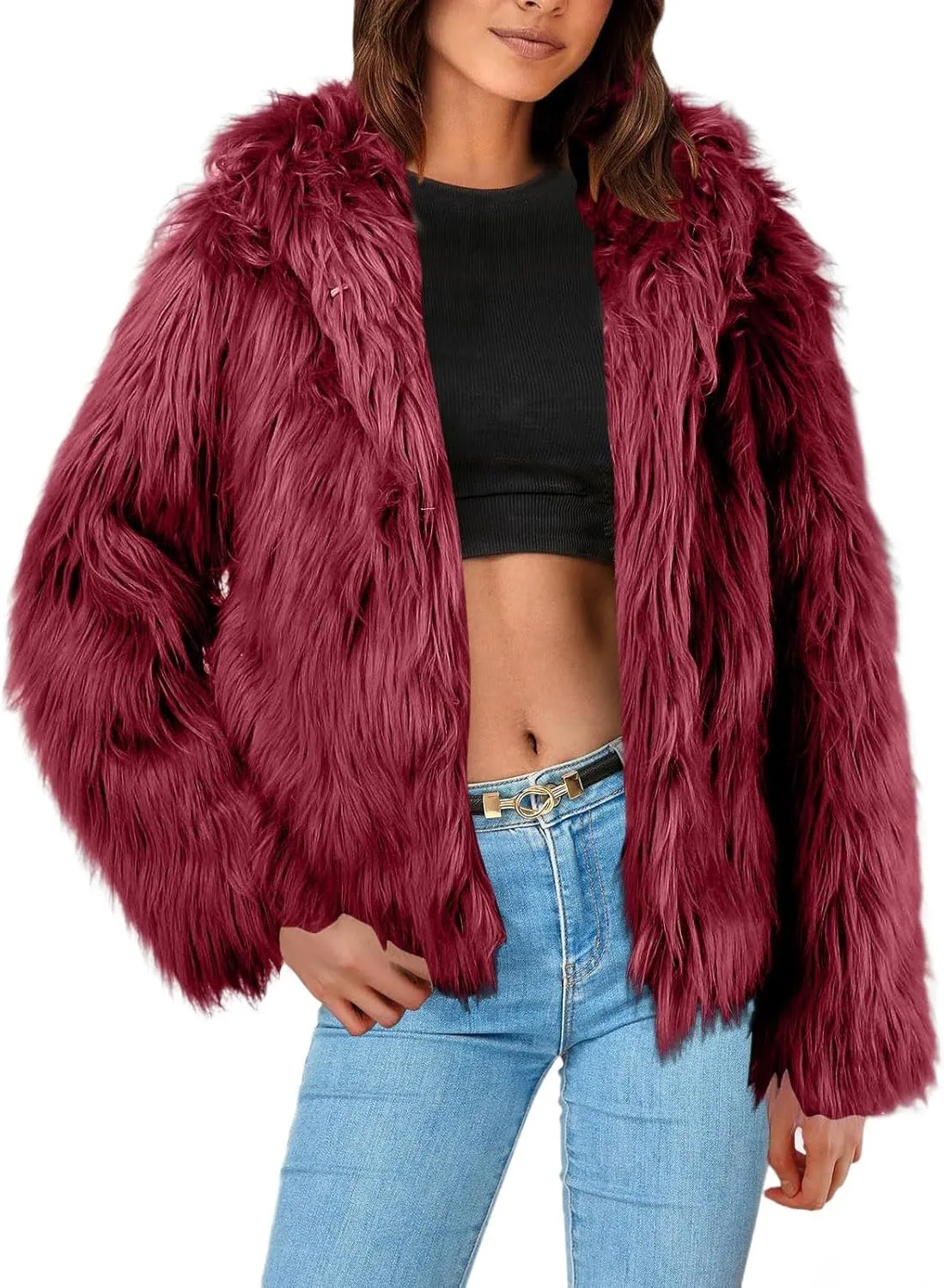 Women's 2024 Winter Coats Fleece Cropped Fuzzy Jacket Long Sleeve Pockets Shaggy Warm Outerwear Soft Clothes