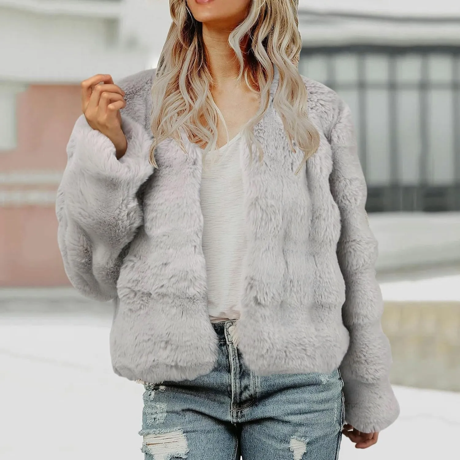 Women's 2024 Winter Coats Fleece Cropped Fuzzy Jacket Long Sleeve Pockets Shaggy Warm Outerwear Soft Clothes