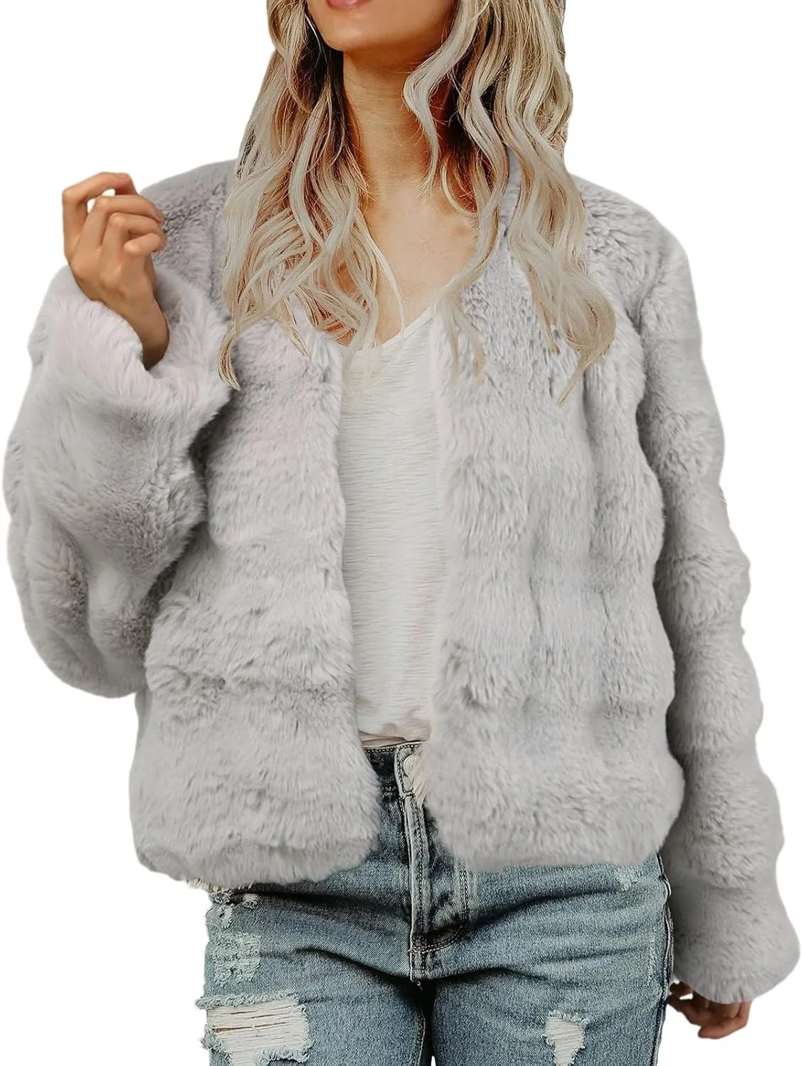 Women's 2024 Winter Coats Fleece Cropped Fuzzy Jacket Long Sleeve Pockets Shaggy Warm Outerwear Soft Clothes