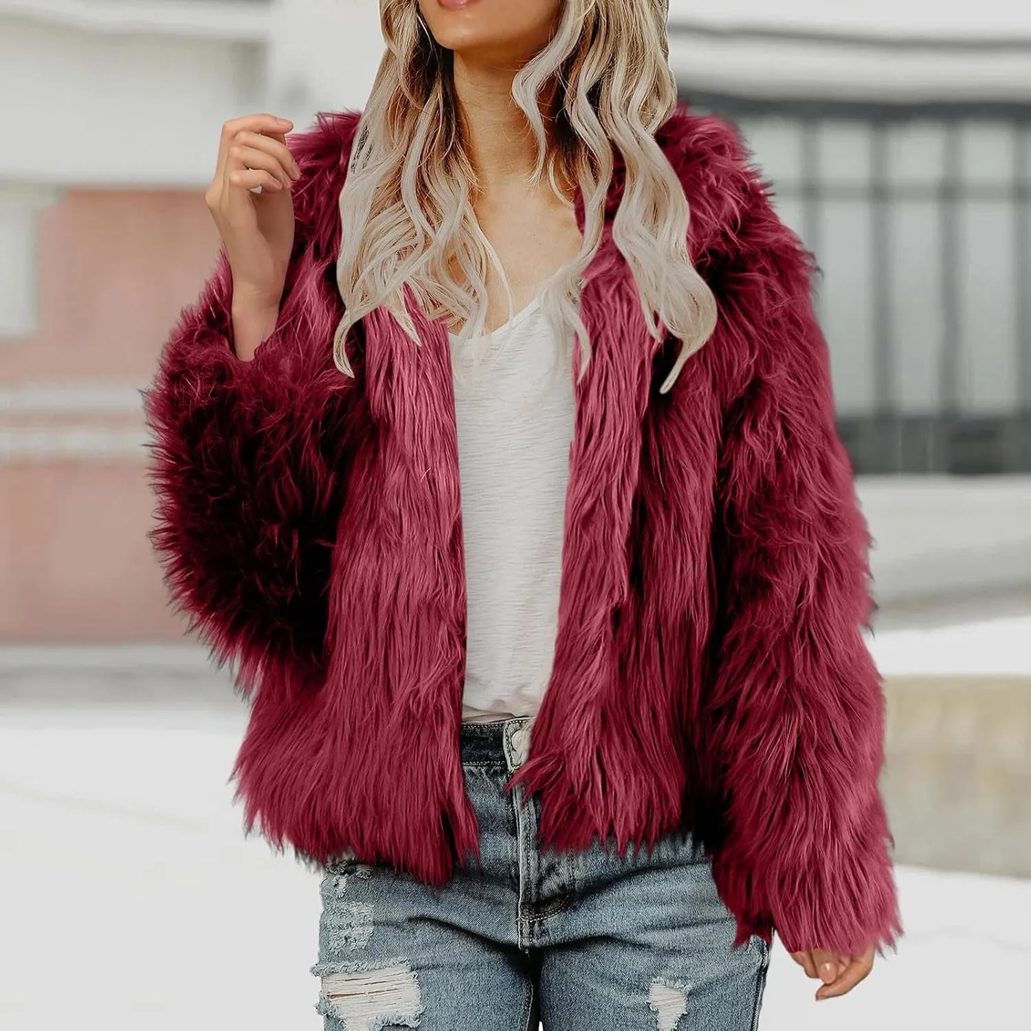 Women's 2024 Winter Coats Fleece Cropped Fuzzy Jacket Long Sleeve Pockets Shaggy Warm Outerwear Soft Clothes