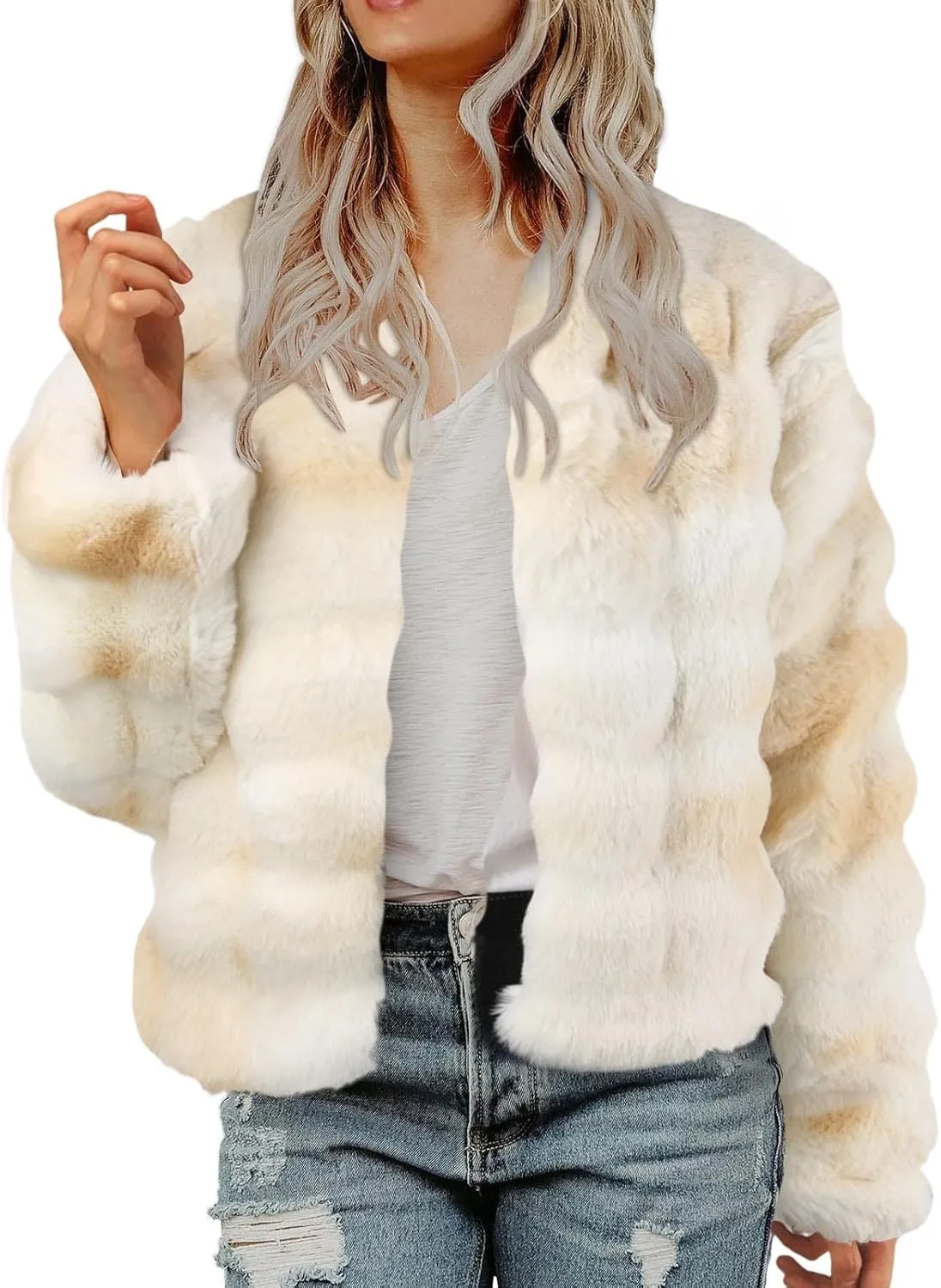 Women's 2024 Winter Coats Fleece Cropped Fuzzy Jacket Long Sleeve Pockets Shaggy Warm Outerwear Soft Clothes