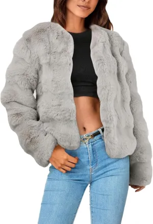 Women's 2024 Winter Coats Fleece Cropped Fuzzy Jacket Long Sleeve Pockets Shaggy Warm Outerwear Soft Clothes