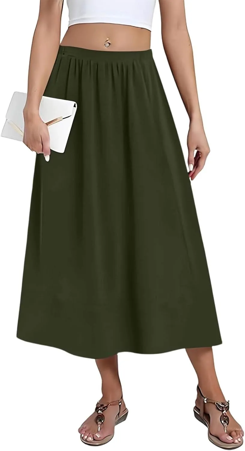 Women's 2025 Spring Summer Stretch Waist Casual Flowy Swing Smocked A Line Beach Long Skirts, S-2XL